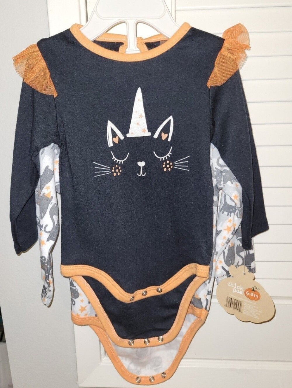 2 Chickpea Onesies Baby 6-9 m black orange cat bundle + headband Halloween NWT